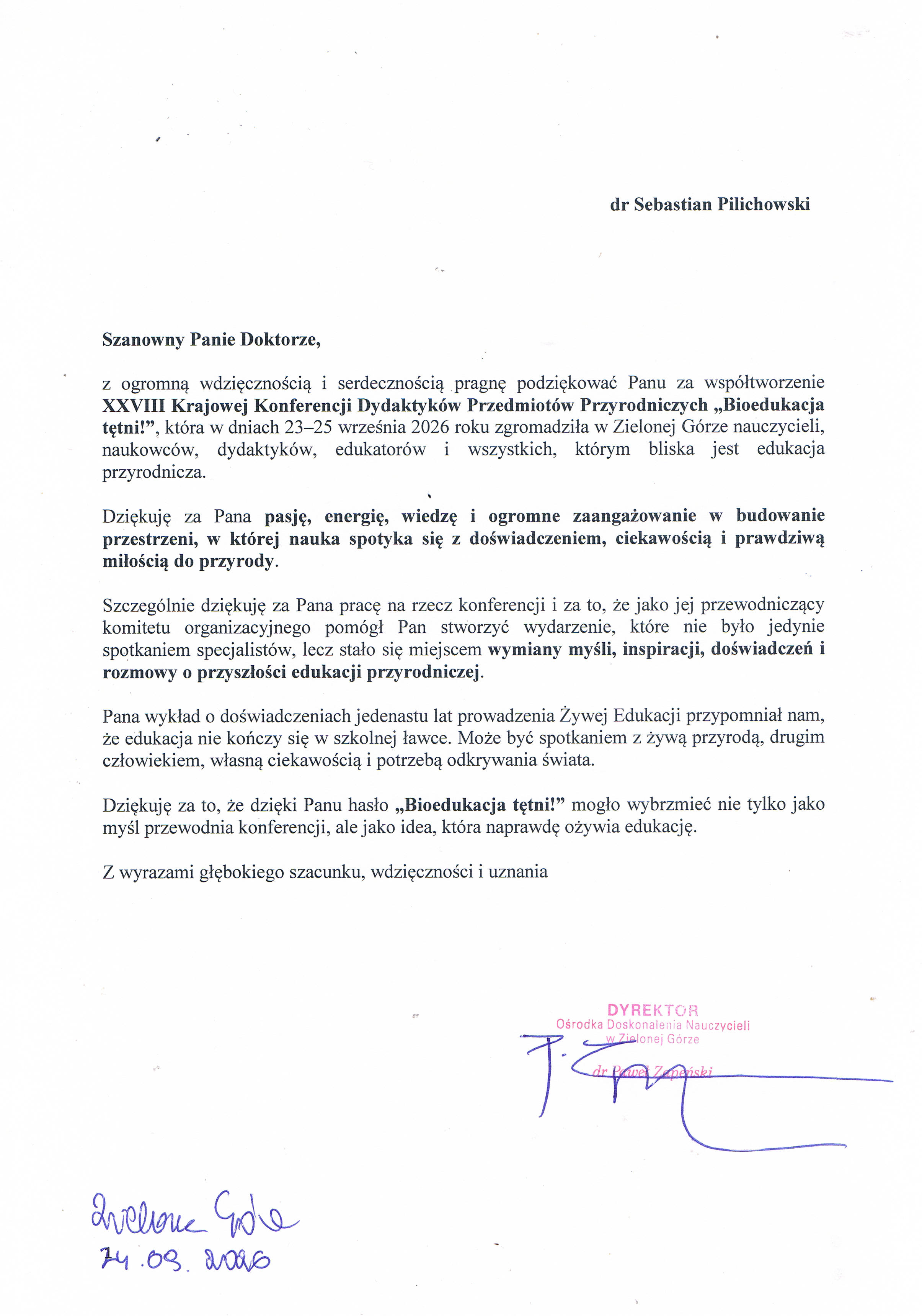 Żywa Edukacja jako inicjator i współorganizator XXVIII Krajowej Konferencji Dydaktyków Przedmiotów Przyrodniczych w Zelonej Górze, opinia dyrektora dra Pawła Zapeńskiego, Ośrodek Doskonalenia Nauczycieli w Zielonej Górze, Sebastian Pilichowski z owadami