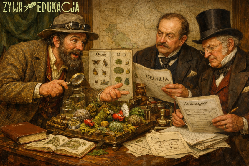 Przyrodnik tłumaczy urzędnikom walory środowiska przyrodniczego przed inwestycją, aby uniknąć problemów w trakcie realizacji przedsięwzięcia.