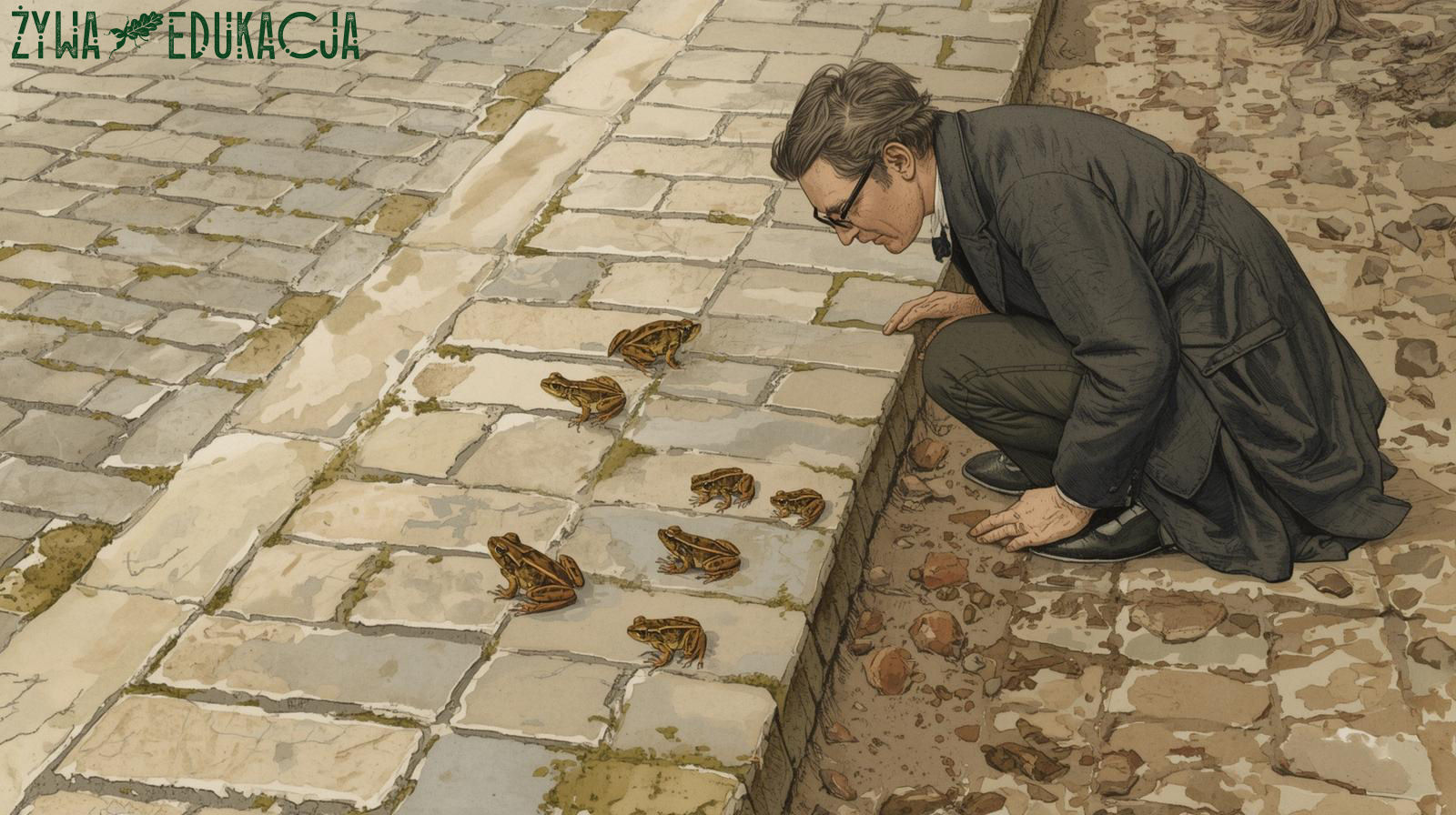 przyrodnik przygląda się żabom przechodzącym przez jezdnię - nadzór herpetologiczny, nadzór przyrodniczy